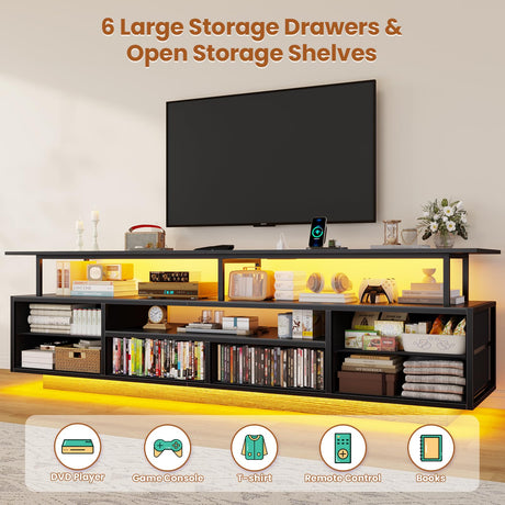 BTHFST TV Stand for 65 70 Inches TV with LED Lights & Power Outlets, Entertainment Center with Open Shelves & 6 PU Fabric Drawers, TV Media Console Table for Living Room, Bedroom, Black BTHFST
