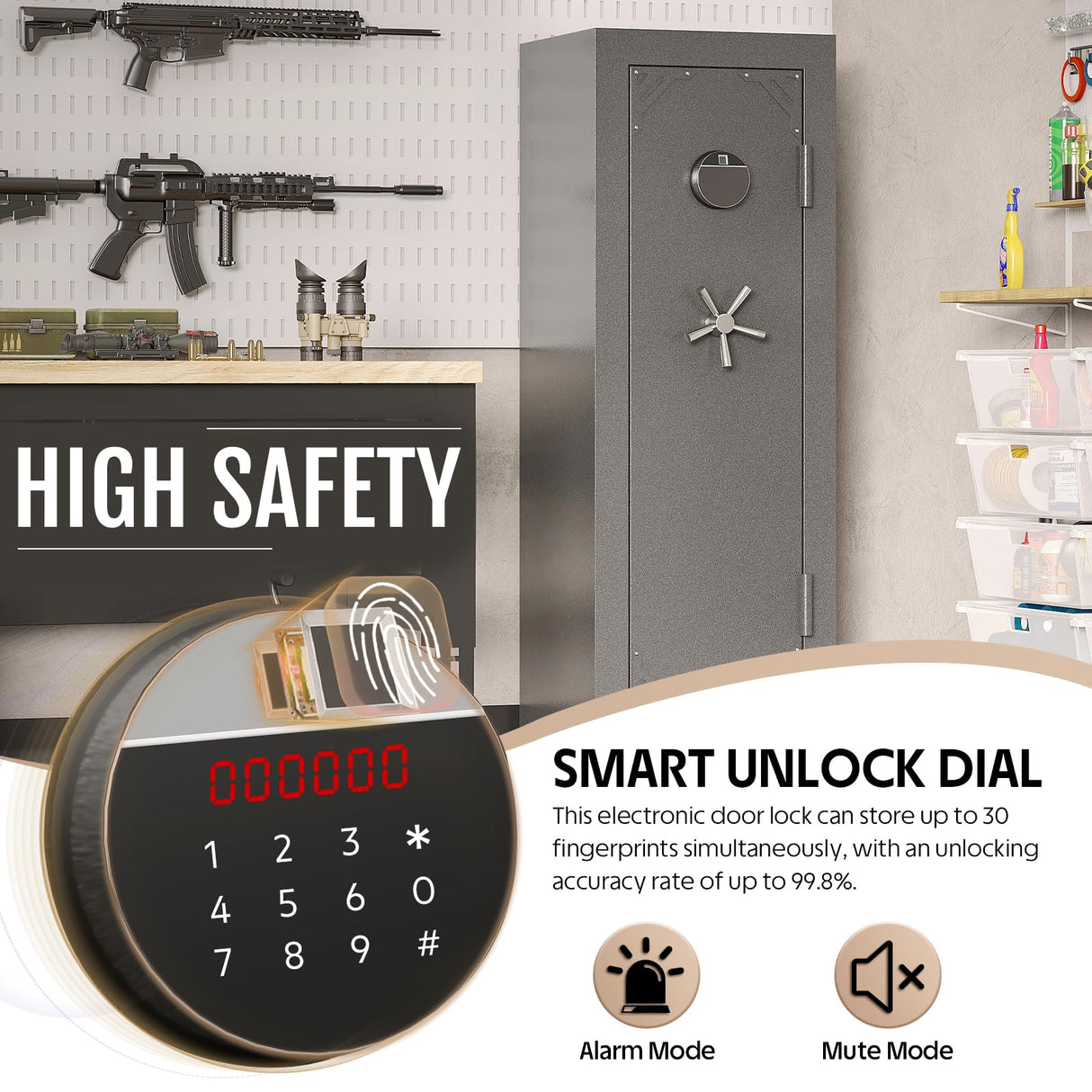 KAER Fireproof Gun Safe, 16-20 Rifle Safe 1400°F / 45 Minutes, Interior 360°Velvet Protection|5 Active Bolts & 2 Deadbolts For Fingerprint Lock, 90-180° Outward-Opening, Storage + Smooth Handle(Grey) KAER