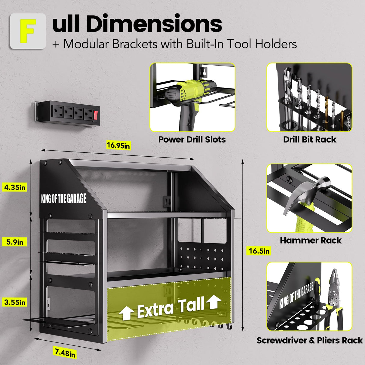 YFFSRJDJ Power Tool Organizer Wall Mount with Charging Station – King of the Garage, 4 Drill Holders, Heavy Duty Cordless Tool Rack with 4-Outlet Power Strip, Gifts for Him, Birthday Gifts for Men YFFSRJDJ