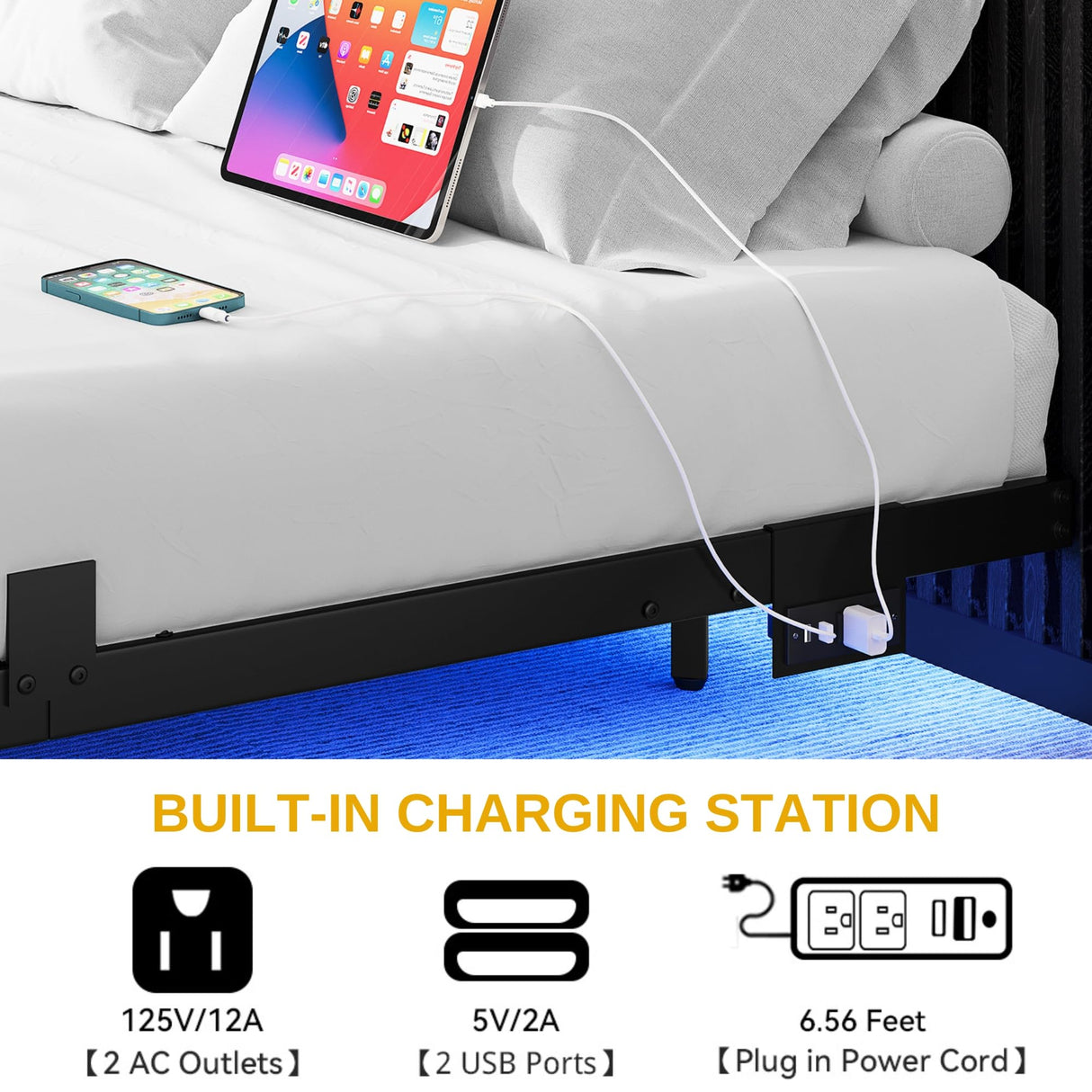 DWVO Queen Size Floating Bed Frame, LED Bed Frame with USB Port, Queen Metal Platform Bed with Heavy Duty Steel Slats, No Box Spring Needed, Easy Assembly, Black DWVO