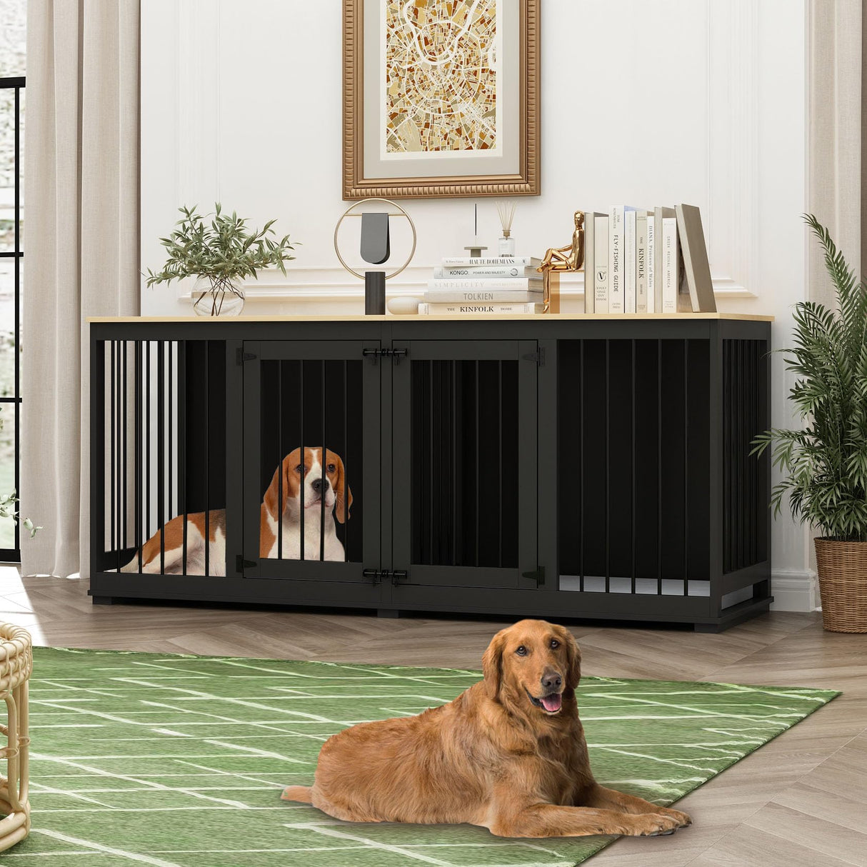 DAWNSPACES Double Dog Crates Furniture for Large Dogs, 71" Heavy Duty Wooden Kennel with Tray & Removable Divider for 2 Dogs, Indoor Furniture Style Dog Crate House TV Stand, Black DAWNSPACES