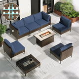 Grand patio 8-Piece Patio Furniture Set with 47" Fire Pit Table, Outdoor Conversation Set & 50,000 BTU 47 Inch Rectangle Propane Fire Pit with Water Resistant Blue Thick Cushions, Brown Grand patio