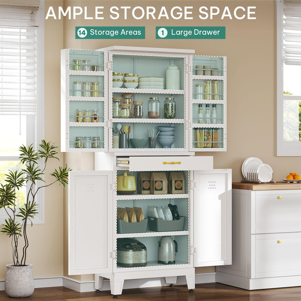 YITAHOME 71" Tall Kitchen Pantry, Metal Kitchen Storage Cabinet with Adjustable Shelves, Pantry Organizer with 2 Door and Drawer for Dining Room, Living Room, Bathroom, White YITAHOME