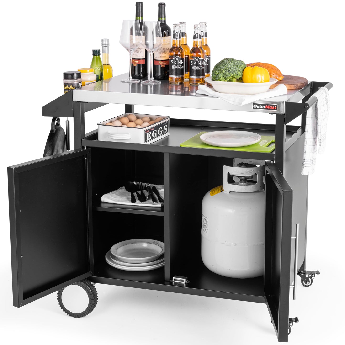 OuterMust Grill Table Outdoor Kitchen Cabinet, Moveable Outdoor Prep Table & Bar for Storage, Grilling and Pizza Oven, Multifunctional Silver & Black