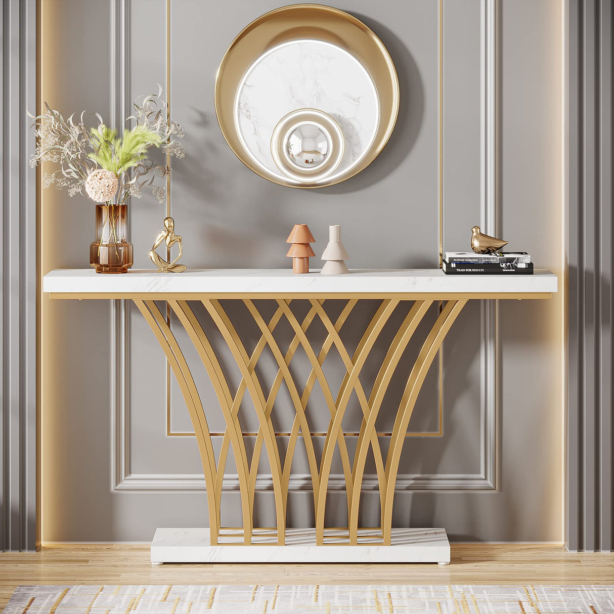 Tribesigns 59 inch Gold Console Table, Modern Entryway Table with Grid-Shaped Metal Base for Entrance, Hallway, Entryway, Living Room(White Faux Marble & Gold) Tribesigns