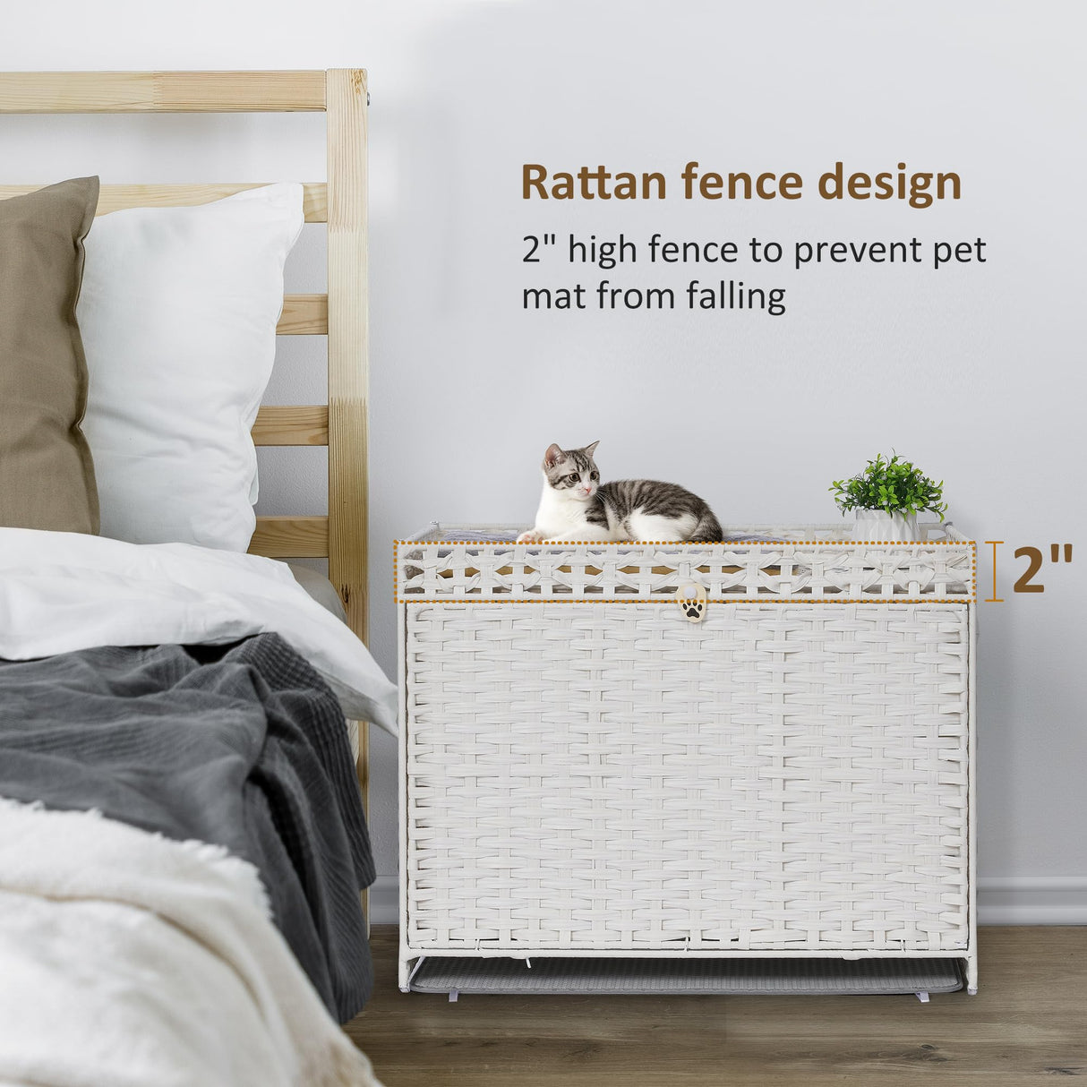 Cat Litter Box Enclosure with Soft Litter Mat; Hidden Cat Washroom Furniture with Door; Handwoven Rattan Cat House with Large Space; Pet Crate for Living Room, Bedroom, Balcony (White) Honiakaka