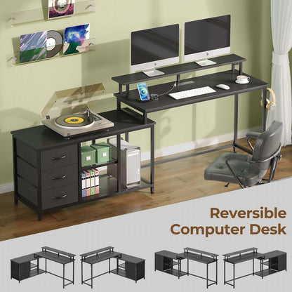 Seventable L Shaped Computer Desk with Drawers, Reversible Gaming Desk with LED Lights & Charging Port, Corner Desk with Storage Shelves & Monitor Stand for Home Office Black - WoodArtSupply