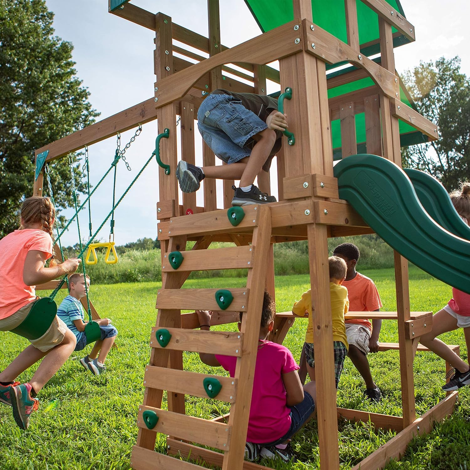 Backyard Discovery Belmont All Cedar Wood Playset Swing Set Green - WoodArtSupply