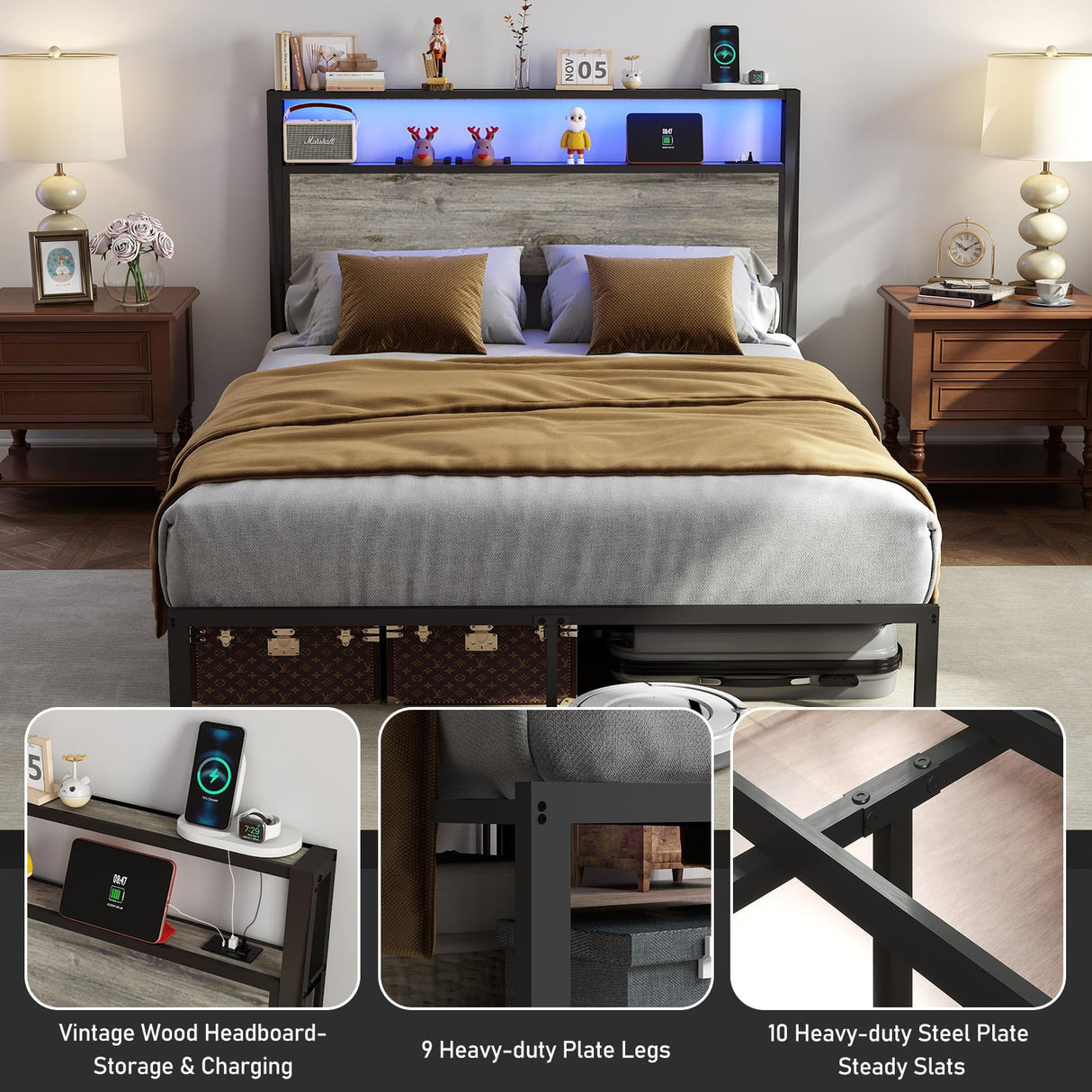 Full Size Bed Frame with Headboard, Metal Platform Bed Frame with LED Lights & Charging Station, Under Bed Storage, Solid and Stable, No Box Spring Needed, Noise Free, Easy Assembly, Rustic Grey RVONOW