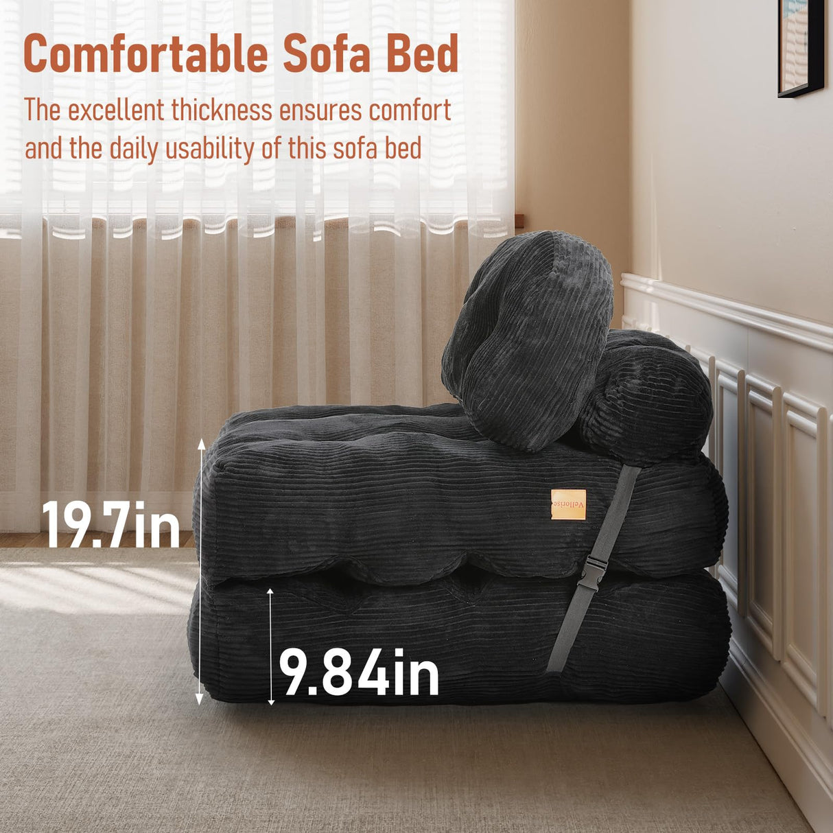 Vellorise Folding Sofa Bed, Convertible Sleeper Chair with Back Support and Pillow Futon, Foldable Couch for Living Room/Guest Use/Home Office, Foldable Chair Bed for Adults, Dark Gray Vellorise