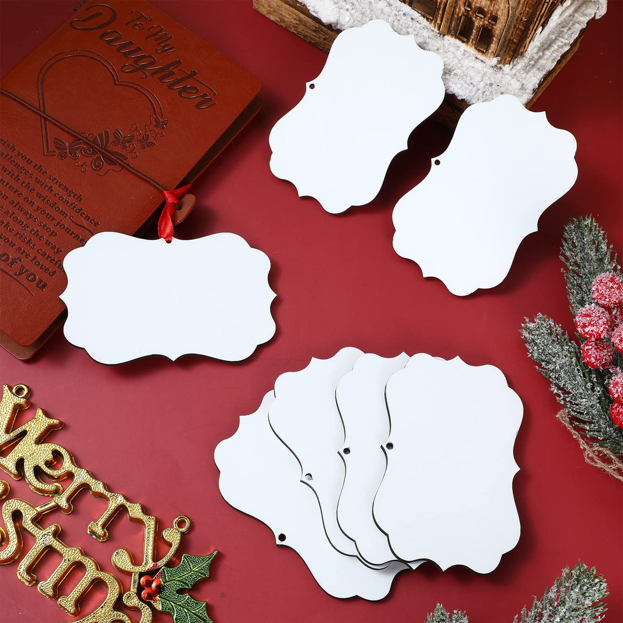 48 Pcs 4.3" x 2.8" Christmas Sublimation Ornament Blanks MDF Board Personalized Sublimation Printing Hanging Ornaments Christmas Ornaments Double Sided Heat Transfer Pendant with Rope for DIY Decor Yookeer