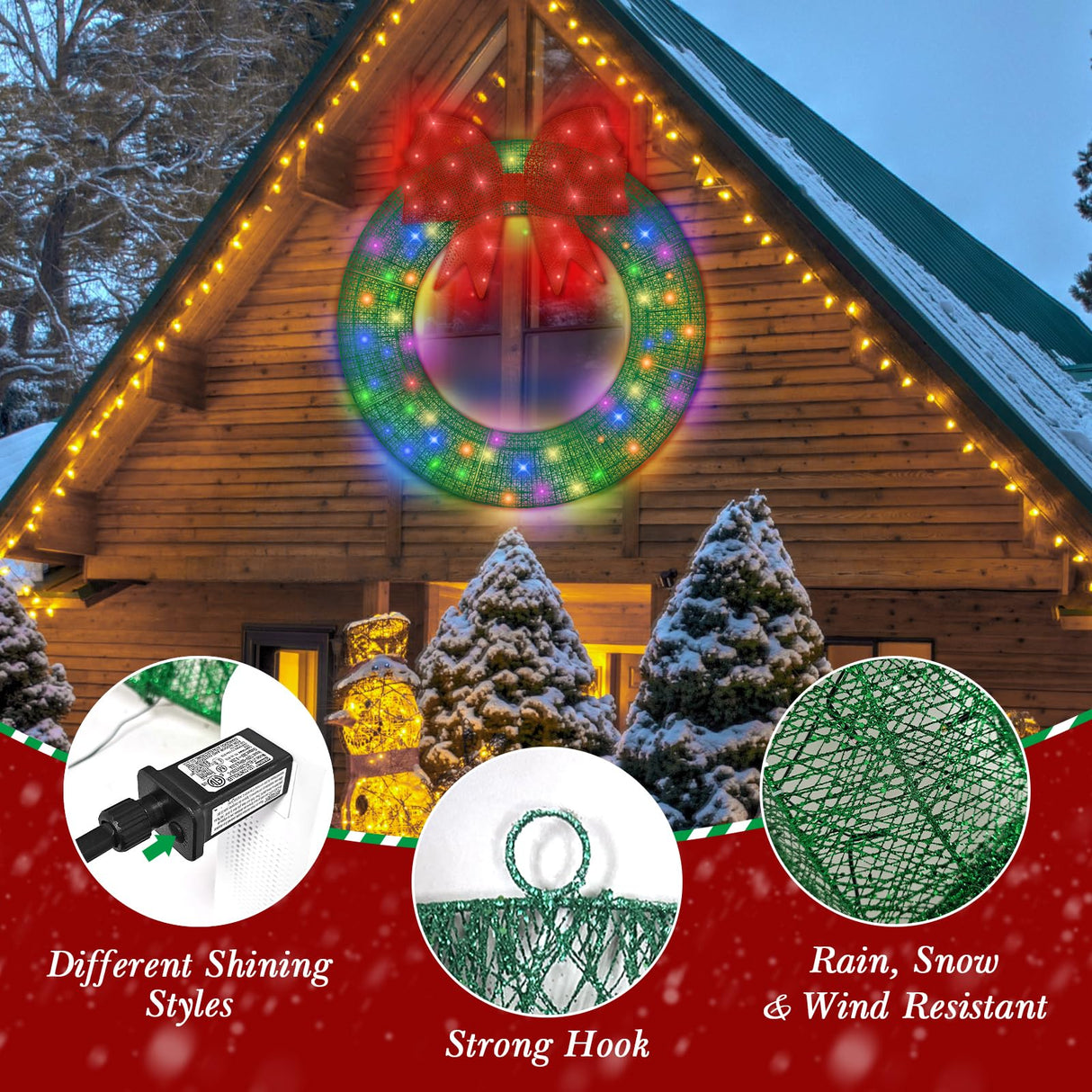 Poolergetic Outdoor 48 in Pre-lit Christmas Wreath, Large Green LED Christmas Wreath Decoration with Bow, Holiday Light Decor for Christmas for Yard, Garage, Door and Window Poolergetic