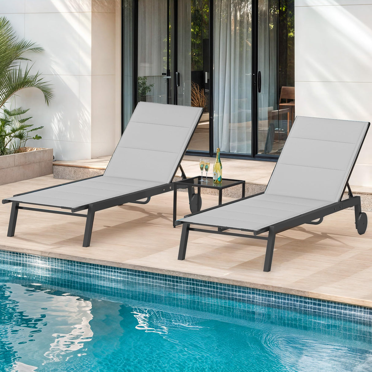 DWVO Outdoor Chaise Lounge Set, 2 Patio Chaise Lounge Chairs with Side Table, Padded Textile Pool Loungers with 5-Level Backrest and Wheels for Beach, Lawn, Porch, Garden (Grey) DWVO