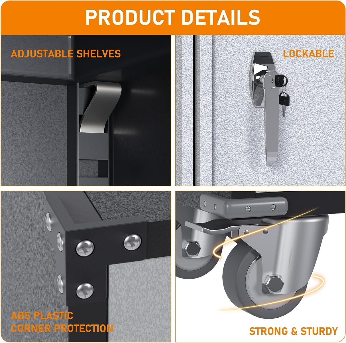 JAORD Metal Garage Storage Cabinet with Hanging Rod, Broom Closet Storage Cabinet, 71" Tall Rolling Tool Storage Cabinet with Locking Doors and Shelves JAORD