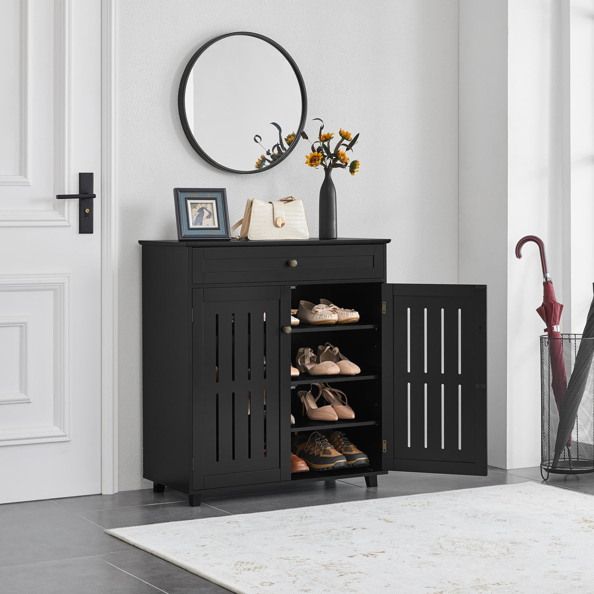 Topeakmart Wood Shoe Cabinet, Floor Storage Container with 4 Storage Shelves for Entryway Bathroom Living Room, Black Topeakmart