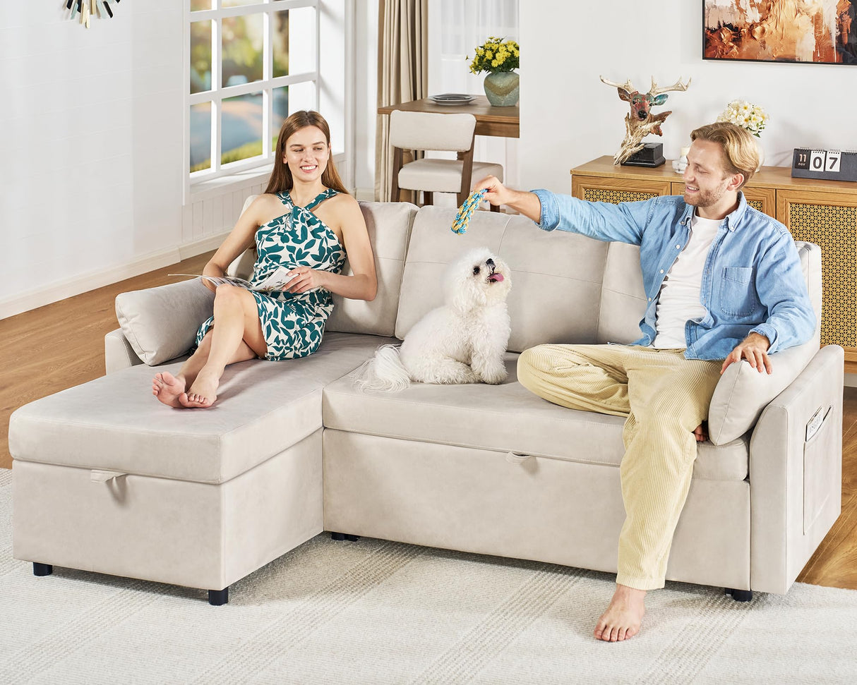 VanAcc Sleeper Sofa, Sofa Bed- 2 in 1 Pull Out Couch Bed with Storage Chaise, Sofa Sleeper Couch for Living Room, Off-White Leathaire Sofa VanAcc