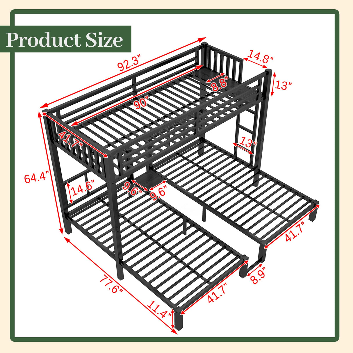 Mirightone Triple Bunk Bed Metal 3 Bed Bunk Beds for Kids Twin Over Twin Bunk Beds for 3 with Safety Guardrail for Teens Adults, Can Be Separated into 3 Twin Beds, Noise Free, Black Mirightone