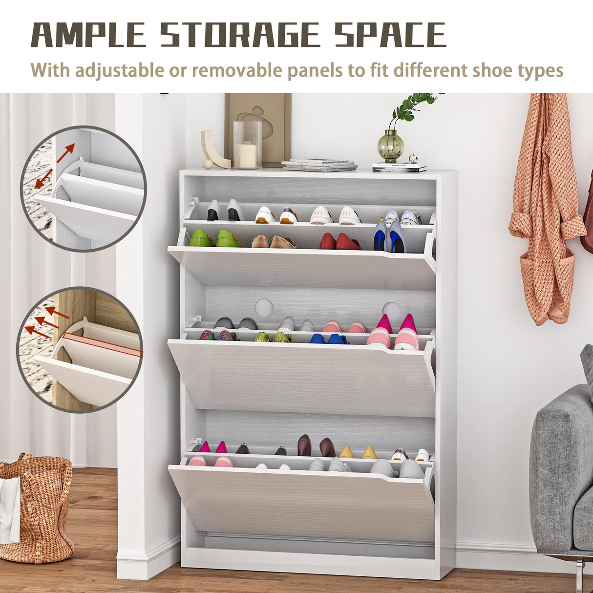 Boonatu Shoe Cabinet Storage for Entryway, Shoe Cabinet Storage with 3 Flip Drawers, Shoe Cabinet for Entryway Slim Space, 3 Tier White Shoe Cabinet Freestanding Wood Shoe Rack for Entryway, Hallway Boonatu