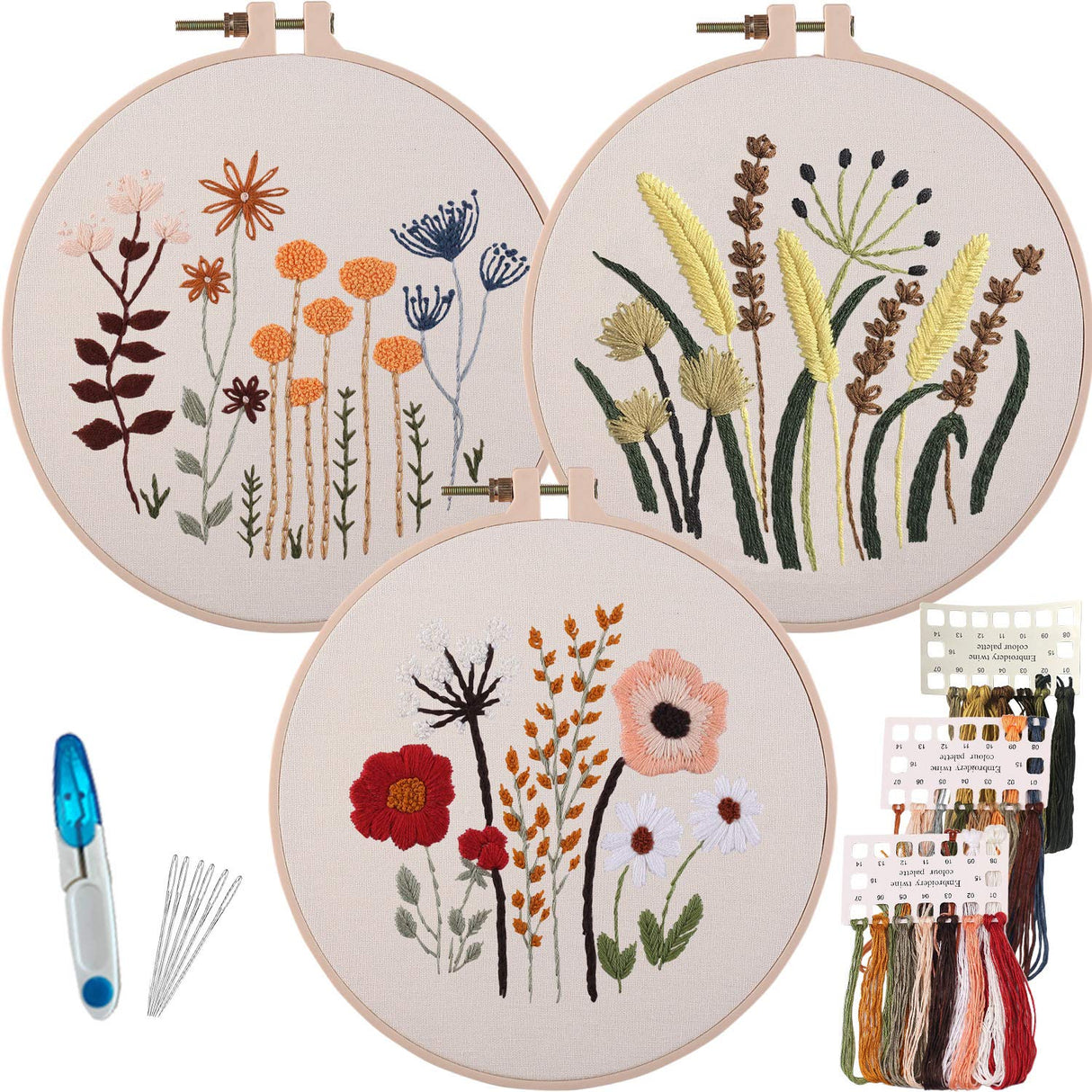 3 Sets of Beginner Embroidery Kits with 3 Patterns and 6 Needles, Needlepoint Kits for Adults,Including Embroidery Floss,3 Plastic Hoops and 3 Cotton Fabric keke