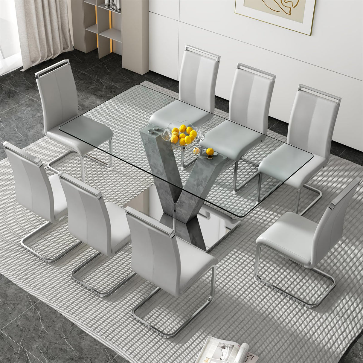 71" Glass Dining Table Set for 8, Kitchen Table and 8 PU Leather Chairs, Tempered Glass Top and MDF Base, 9-Piece Table Set Ideal for Living Room BAOPIN