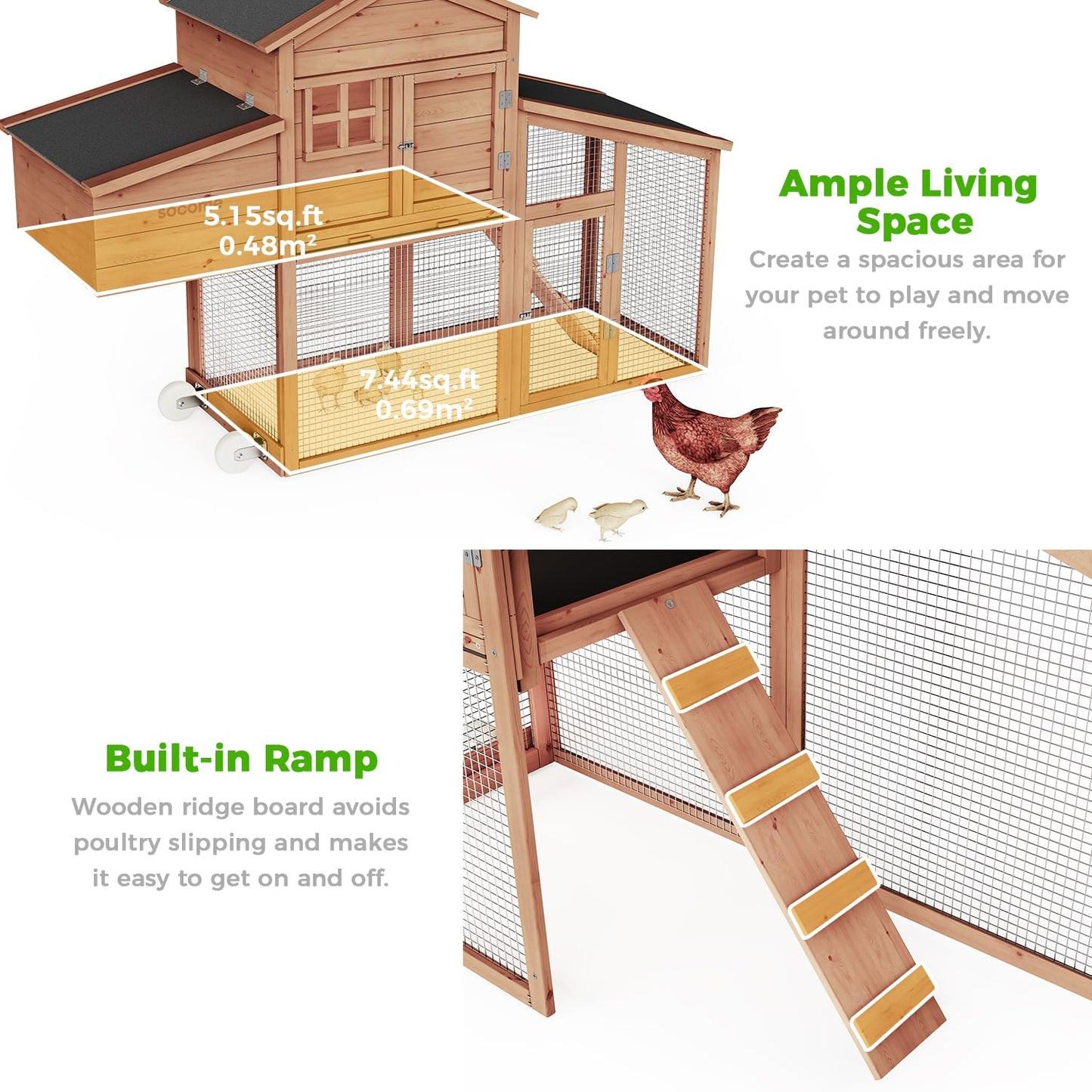 SOCOME 62.99" L Wooden Chicken Coop, Movable Large Pet Hutch On Wheels, Two Story Hen House with Nesting Box Leakproof Pull-on Tray, and Waterproof Roof Panel, for Guinea Pig,Rabbit,Chicks,Duck