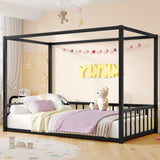 Bellemave Canopy Floor Bed with 4 Posters, Metal Full Size Montessori Floor Bed with High Fence, Anti Bump Design, Easy Assemble Montessori Beds(Full Black) Bellemave