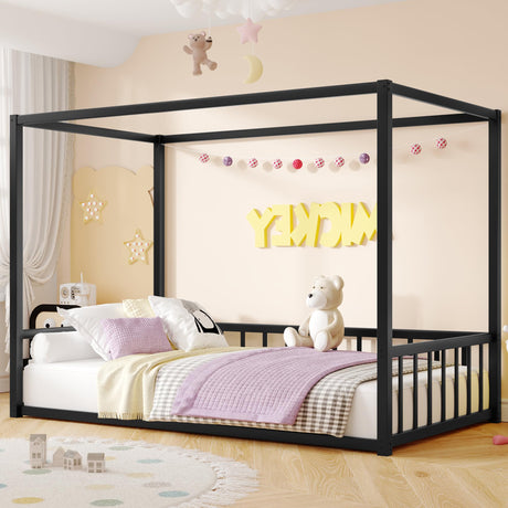 Bellemave Canopy Floor Bed with 4 Posters, Metal Twin Size Montessori Floor Bed with High Fence, Anti Bump Design, Easy Assemble Montessori Beds, Twin, Black Bellemave