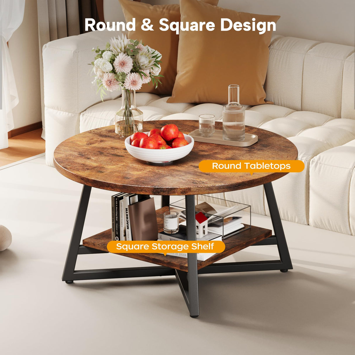 Round Coffee Table, Small Circle Coffee Table with Storage, Modern Wood Round Center Table for Living Room, Home Office, Small Space, Easy Assembly, Rustic Brown Homeiju