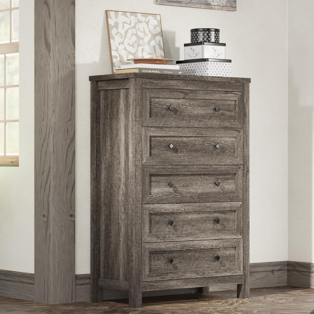 AMERLIFE 5 Drawers Dresser for Bedroom, Farmhouse Wooden 47" Tall Dresser for Closet, Natural Texture Chest of Drawers for Bedroom, Living Room, Hallway and Entryway, Rustic Grey AMERLIFE