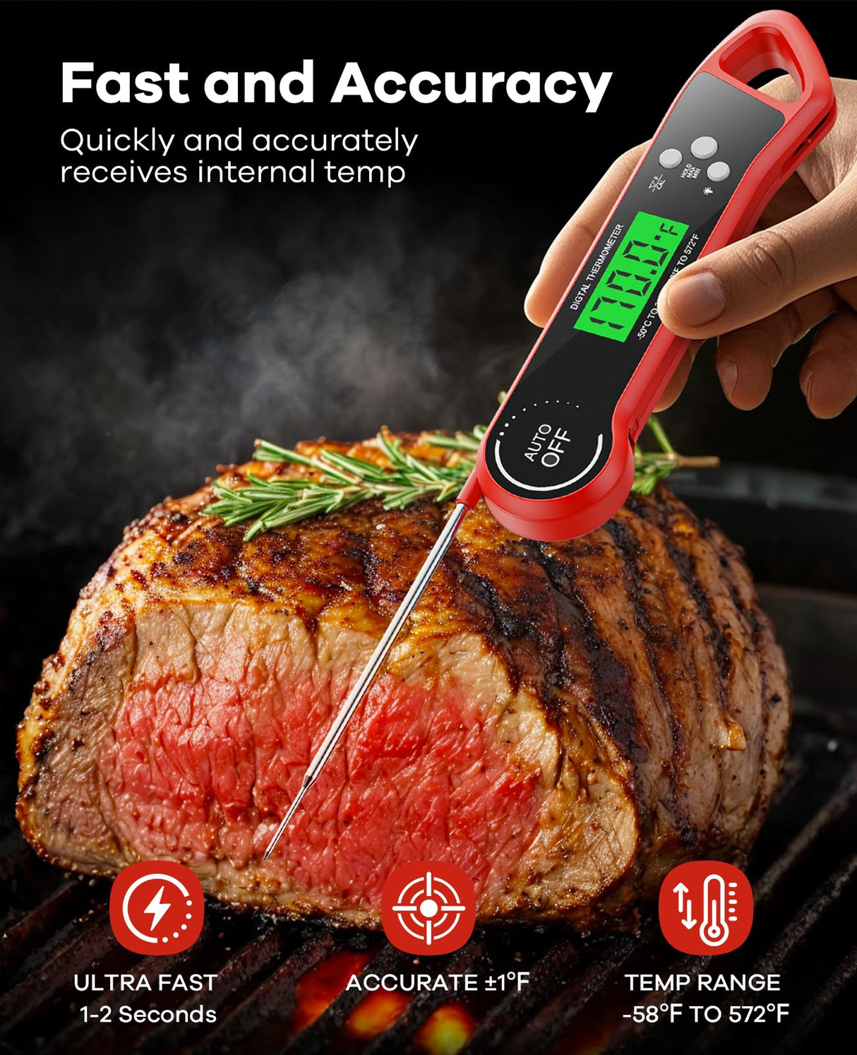SILVLF Meat Thermometer Digital, Instant Read Thermometer with Backlight, Calibration & Hold Function, Waterproof Food Thermometer for Kitchen and Outside, BBQ, Turkey, Candy, Liquids, Beef (red) SILVLF