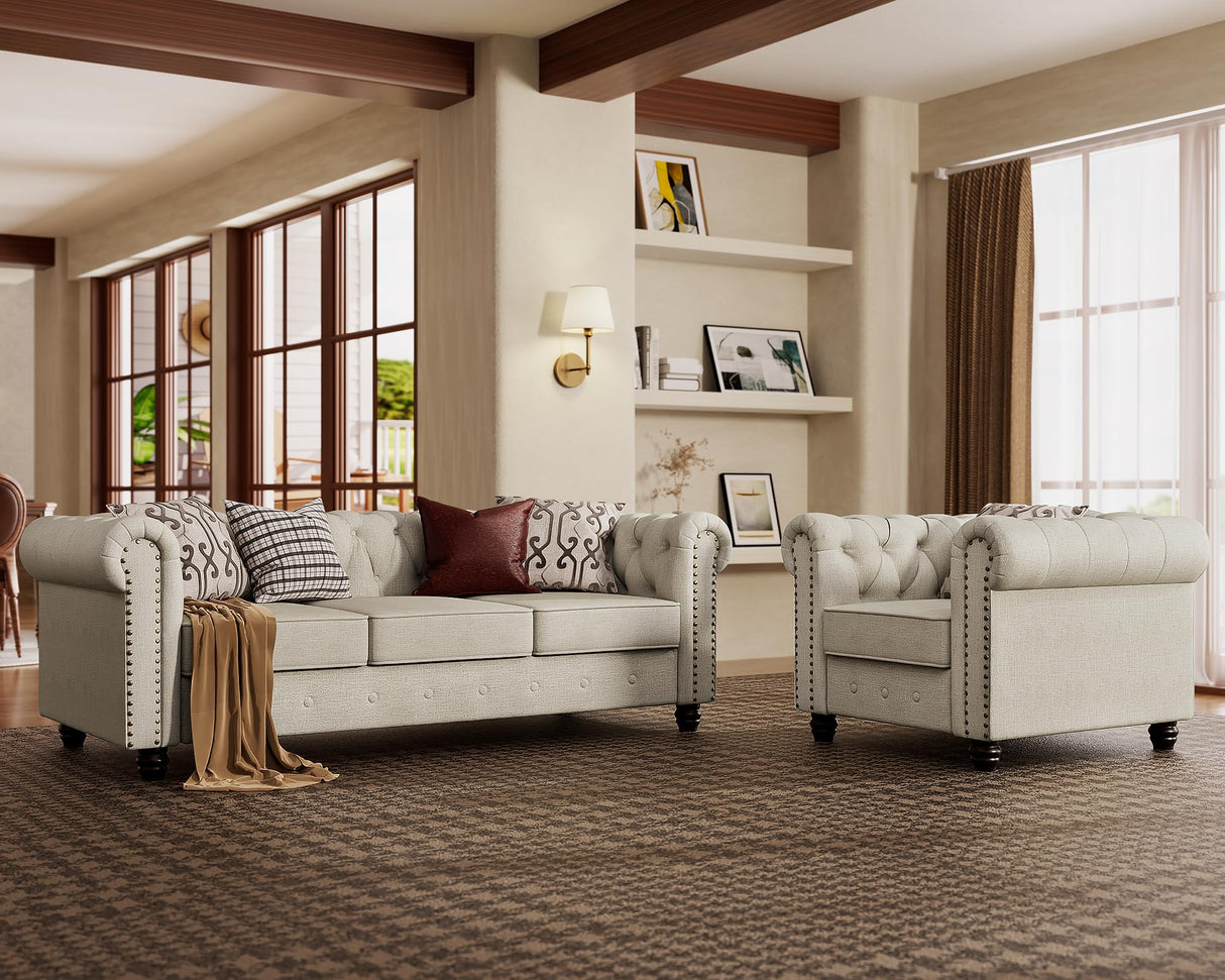 Morden Fort Sofa Set, Chenille Beige, 82''W x 34.5''D x 30''H, Chesterfield Style, Tool-Free Assemble, Pet-Friendly, 1430LBS Weight Capacity Morden Fort