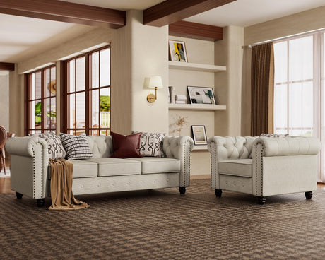 Morden Fort Sofa Set, Chenille Beige, 82''W x 34.5''D x 30''H, Chesterfield Style, Tool-Free Assemble, Pet-Friendly, 1430LBS Weight Capacity Morden Fort