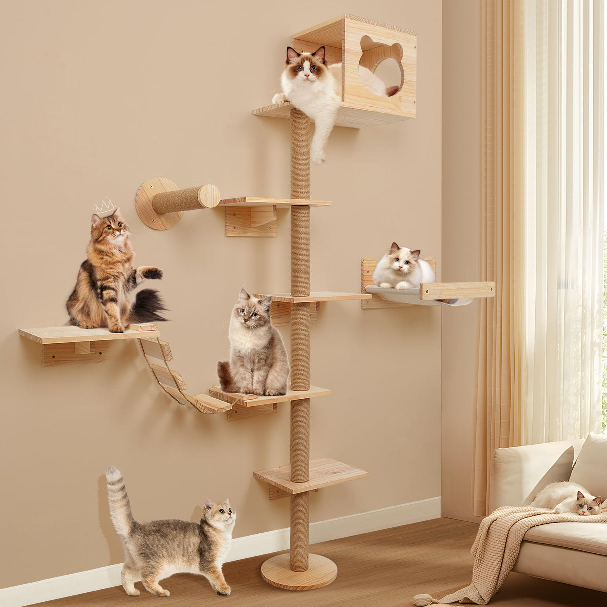 Cat Tree, 74.4 inch Tall Wood Cat Tower with Cat Scratching Post, Cat Cave Condo, Hammock, Cat Tree Tower for Large Cats and Kittens KKHAN