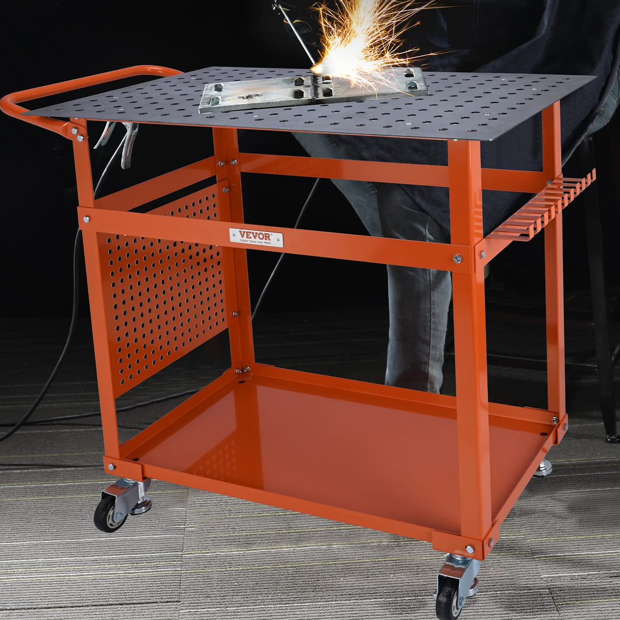 VEVOR Welding Table 36 x 24 -Inch, 600LBS Load Capacity Steel Welding Workbench Table with Wheels, Moveable Work Bench with Double-Layer Storage Board, 5/8-inch Fixture Holes, 11 Hooks VEVOR