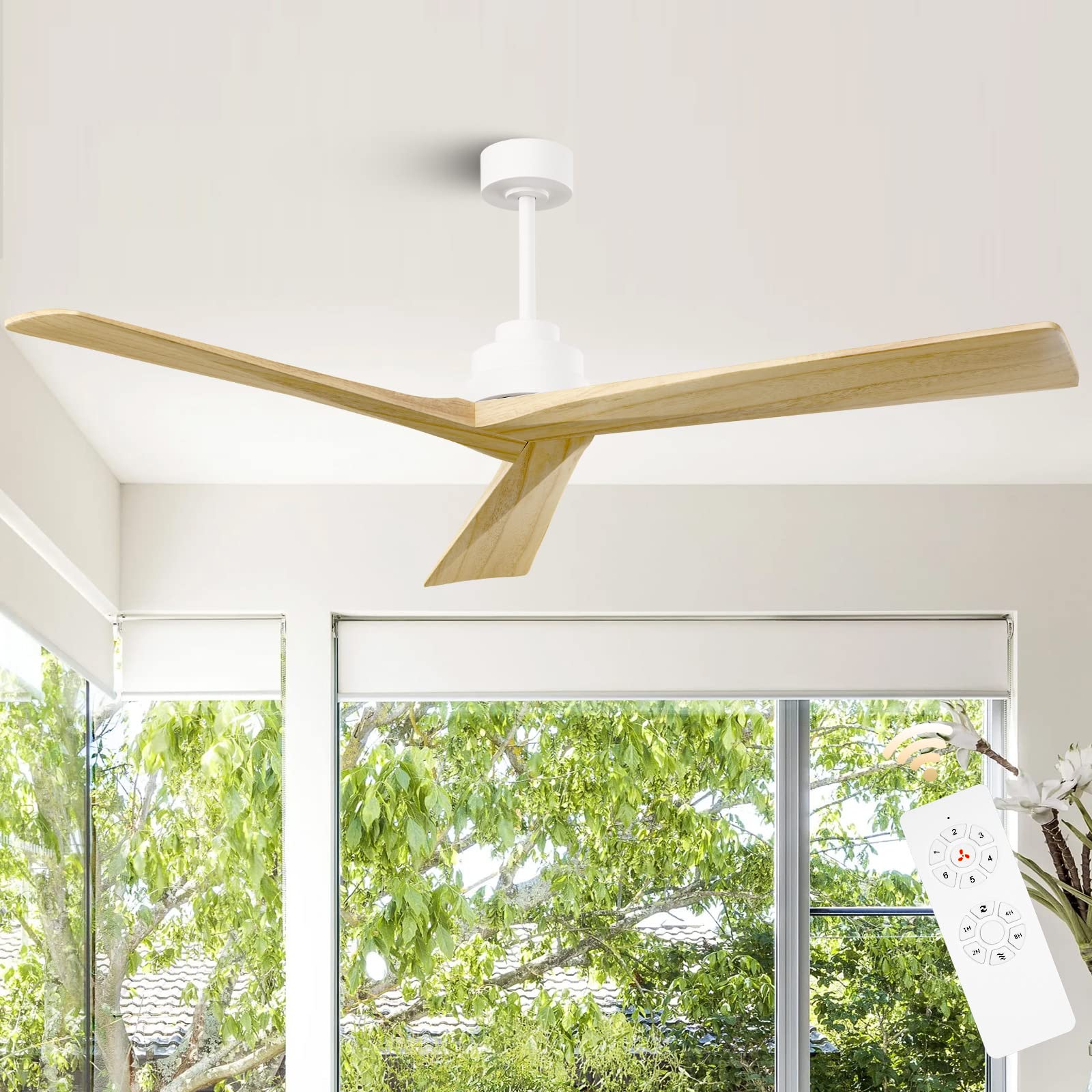 KAPOEFAN 52" Wood Ceiling Fan without Light with Remote, Outdoor Ceiling Fans for Patios Bedroom Farmhouse, 3 Blade Ceiling Fan No Light with 6 Speeds and Timer - WoodArtSupply