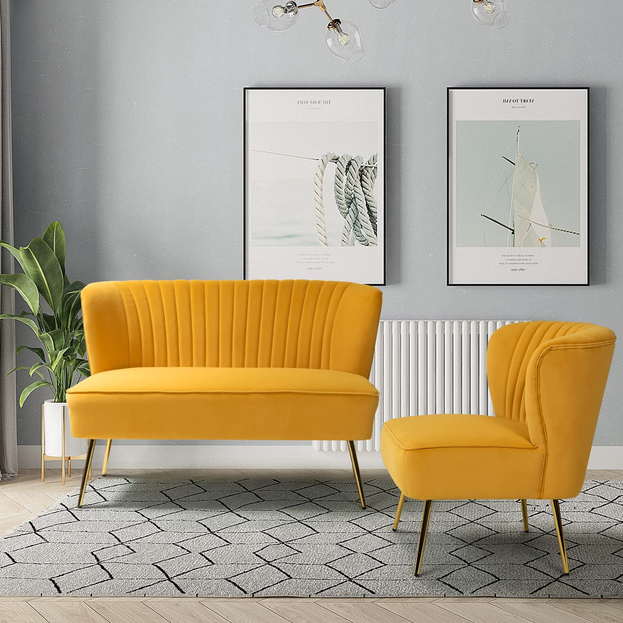 Tina's Home Mid-Century Velvet Loveseat Sofa, Upholstered Loveseat Couch with Golden Metal Legs, Small Tufted 2-Seat Sofa Armless Love Seat for Living Room, Bedroom, Apartment Small Spaces, Mustard TINA'S HOME