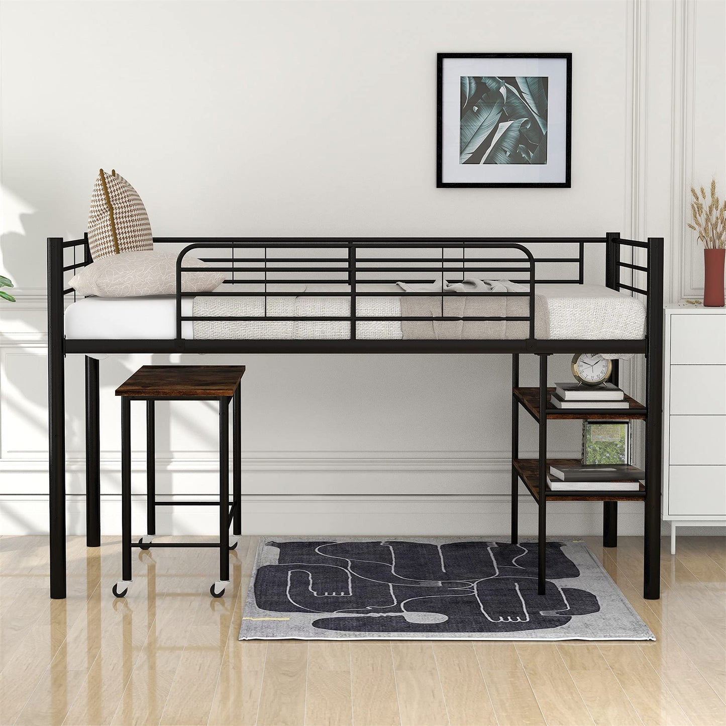 Harper & Bright Designs Low Loft Bed with Desk, Twin Size Metal Loft Bed Frame with Storage Shelves for Kids (Twin Size, Black)