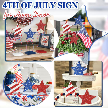 4th of July Tiered Tray Decor Wooden Star Set, 3 Pcs Memorial Day Table Decorations, Rustic Patriotic Tabletop Home Decor, Red White and Blue Decorations for Home (Shiny) Hedeey