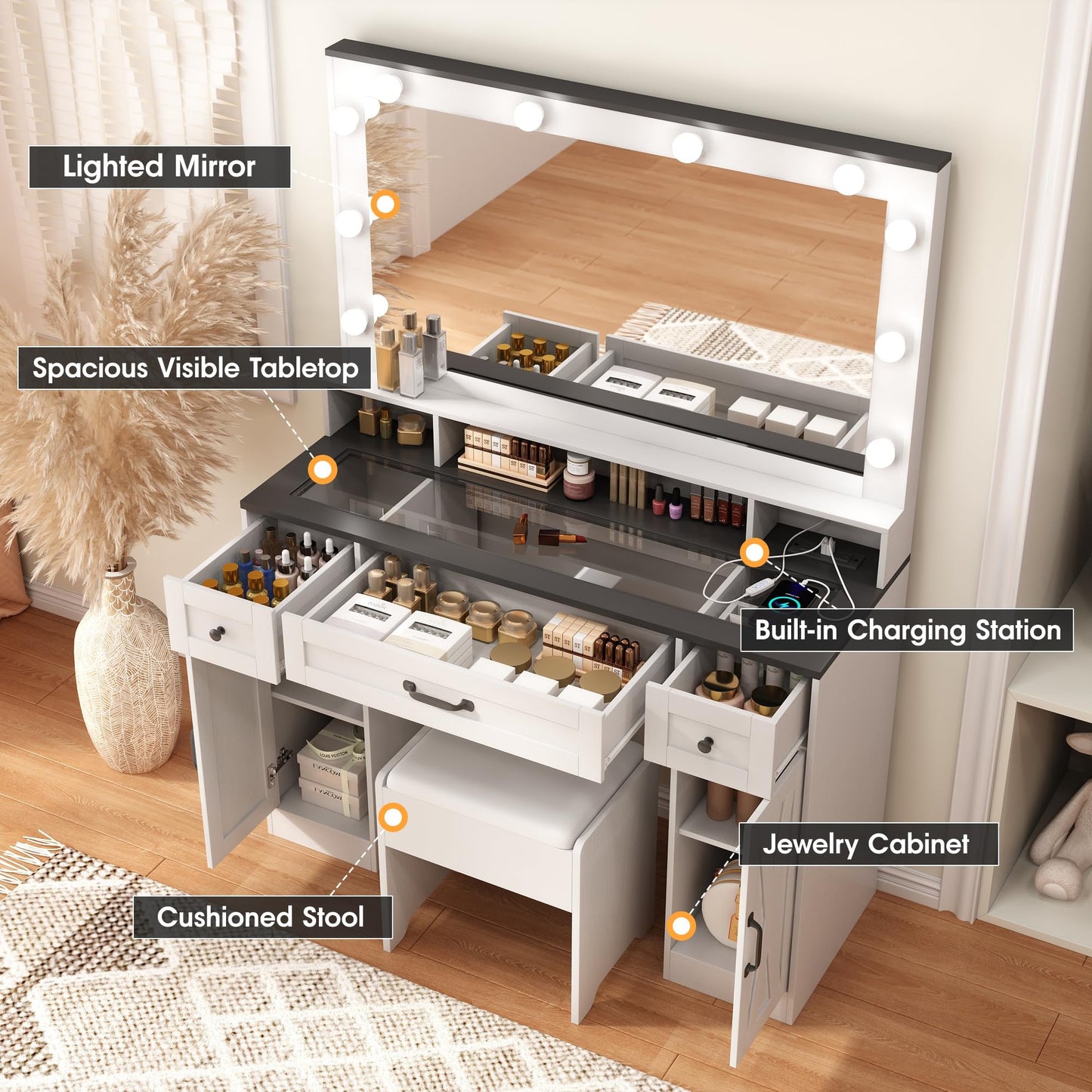 Fameill Makeup Vanity Desk with Lights and Mirror, Vanity Table Set with Stool, Charging Station, Glass Top, Large Mirror with 3 Lighting Modes, 3 Drawers & 2 Cabinets, White - WoodArtSupply