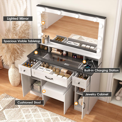 Fameill Makeup Vanity Desk with Lights and Mirror, Vanity Table Set with Stool, Charging Station, Glass Top, Large Mirror with 3 Lighting Modes, 3 Drawers & 2 Cabinets, White - WoodArtSupply