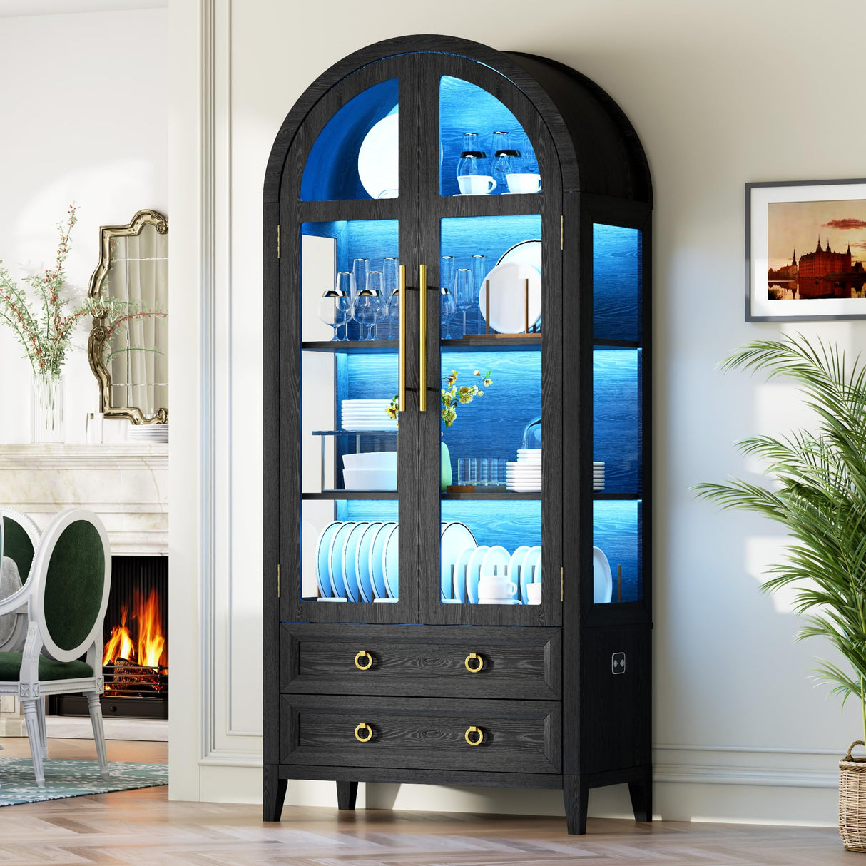 Vlsrka 71" Arched Display Cabinet with Glass Doors, 4-Tier Curio Cabinet with 3 Color Lights for Collectibles, Glass Display Case with Human Body Sensor, Display Shelf with 2 Drawers, Black Vlsrka