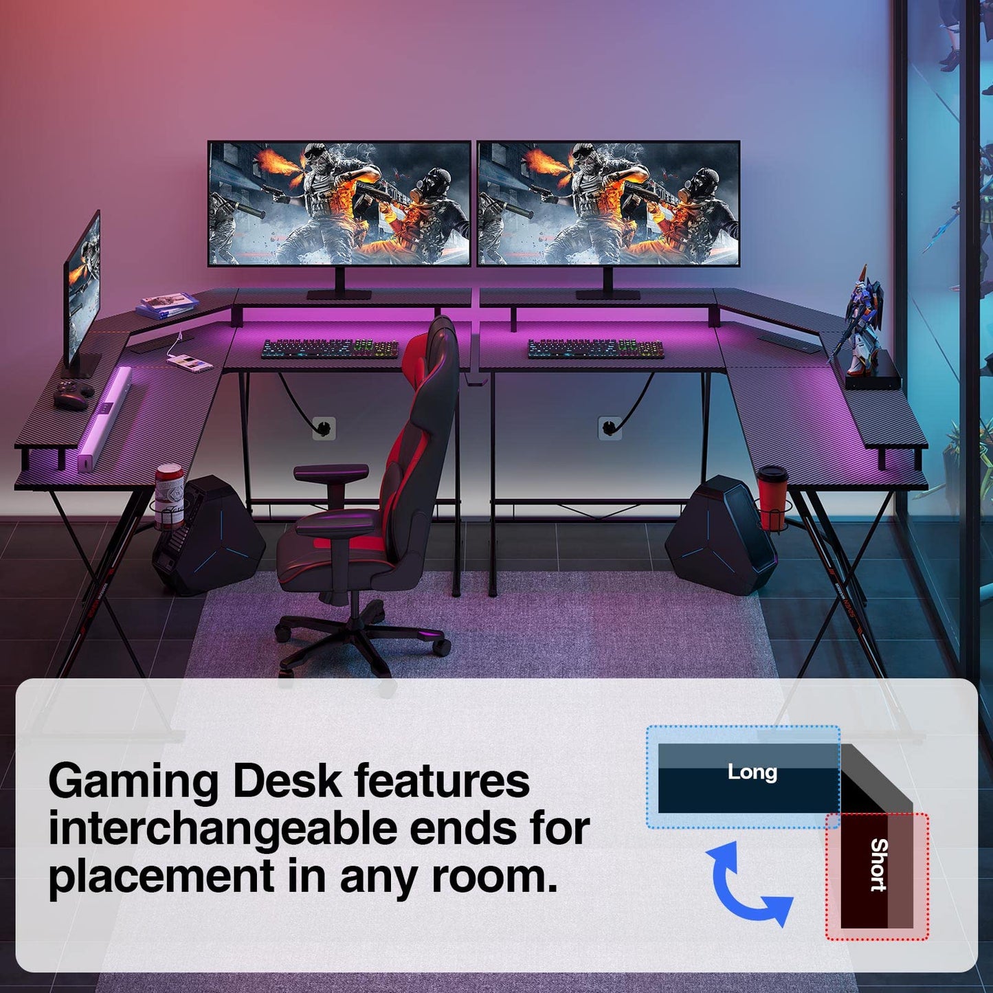 SEVEN WARRIOR L Shaped Gaming Desk with LED Lights & Power Outlets, 58” Computer Desk with Monitor Stand & Carbon Fiber Surface, Corner Desk with Cup Holder, Gaming Table with Hooks, Black - WoodArtSupply