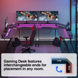 SEVEN WARRIOR L Shaped Gaming Desk with LED Lights & Power Outlets, 58” Computer Desk with Monitor Stand & Carbon Fiber Surface, Corner Desk with Cup Holder, Gaming Table with Hooks, Black SEVEN WARRIOR