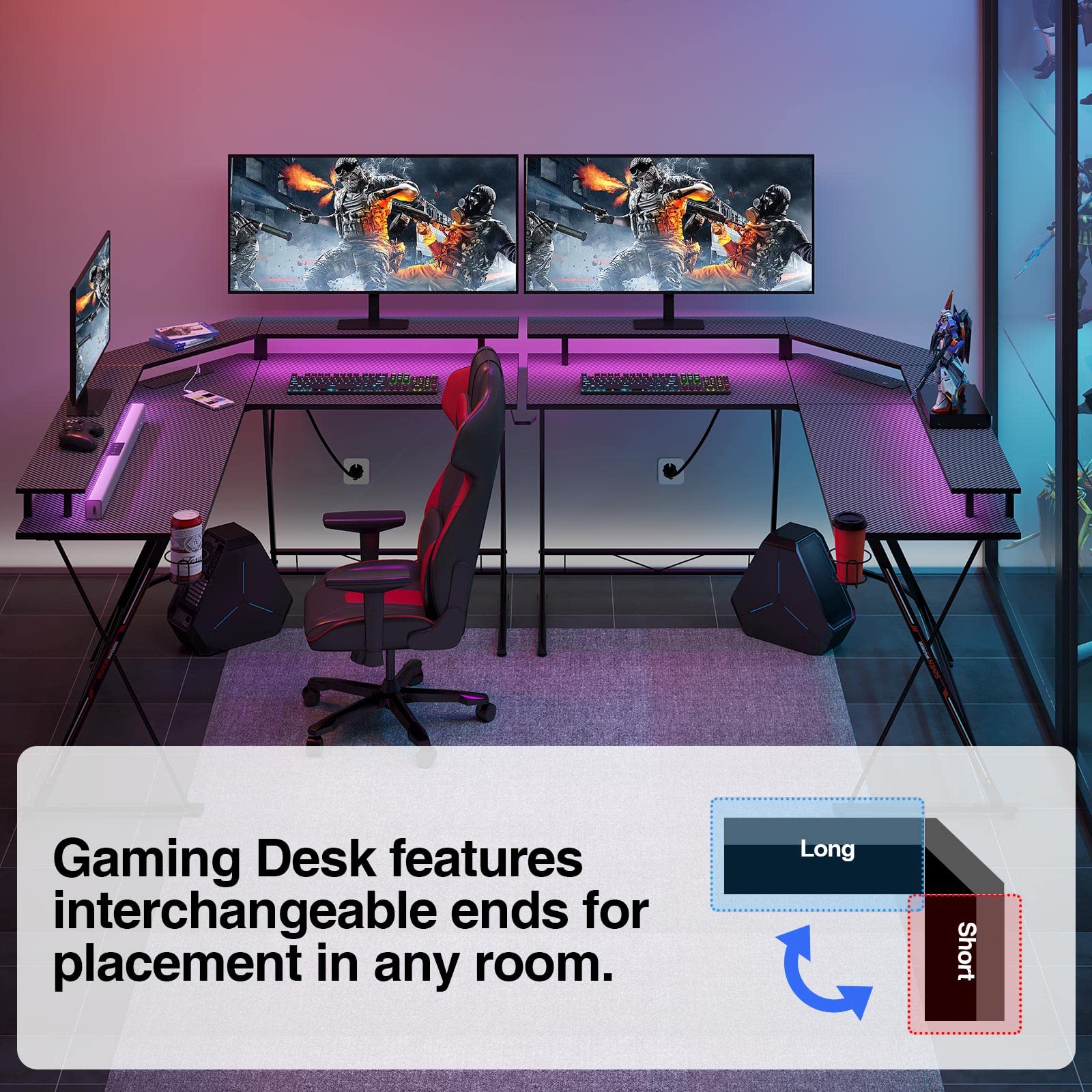 SEVEN WARRIOR L Shaped Gaming Desk with LED Lights & Power Outlets, 58” Computer Desk with Monitor Stand & Carbon Fiber Surface, Corner Desk with Cup Holder, Gaming Table with Hooks, Black - WoodArtSupply