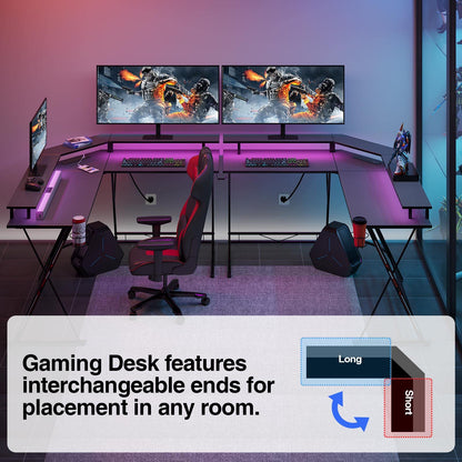 SEVEN WARRIOR L Shaped Gaming Desk with LED Lights & Power Outlets, 58” Computer Desk with Monitor Stand & Carbon Fiber Surface, Corner Desk with Cup Holder, Gaming Table with Hooks, Black - WoodArtSupply