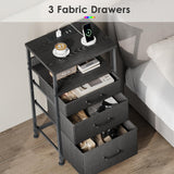 YeTom Nightstand with Charging Station Set of 2, LED Night Stand with 3 Fabric Drawers, Side Table with Open Shelf, End Table with Steel Frame, 3 Drawer Dresser for Bedroom, Black YeTom