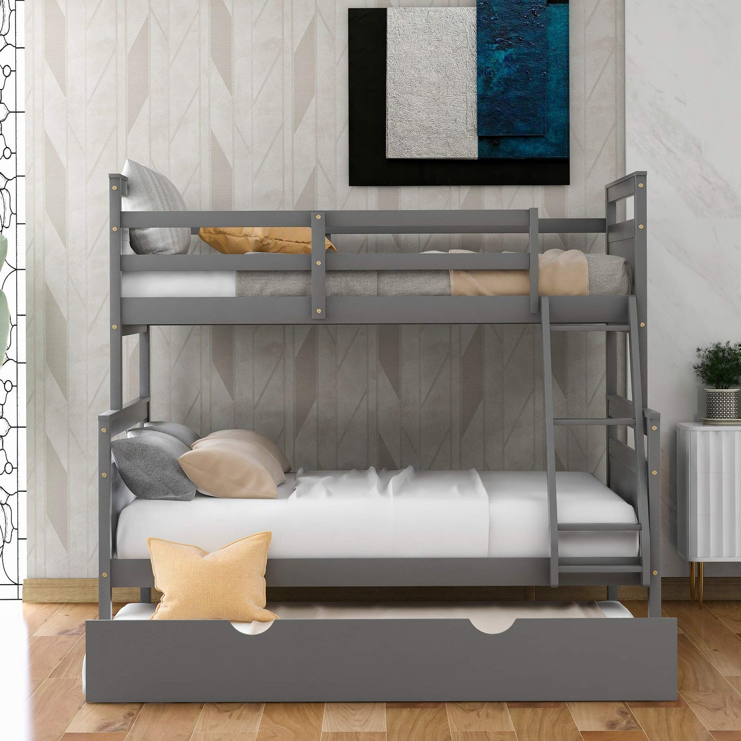 Acosure Twin Over Full Bunk Bed with Ladder and Twin Size Trundle,Bedroom Wood Bed Frame W/Safety Full-Length Guardrail,No Box Spring Required,for Kids Teens Girls Boys,Gray