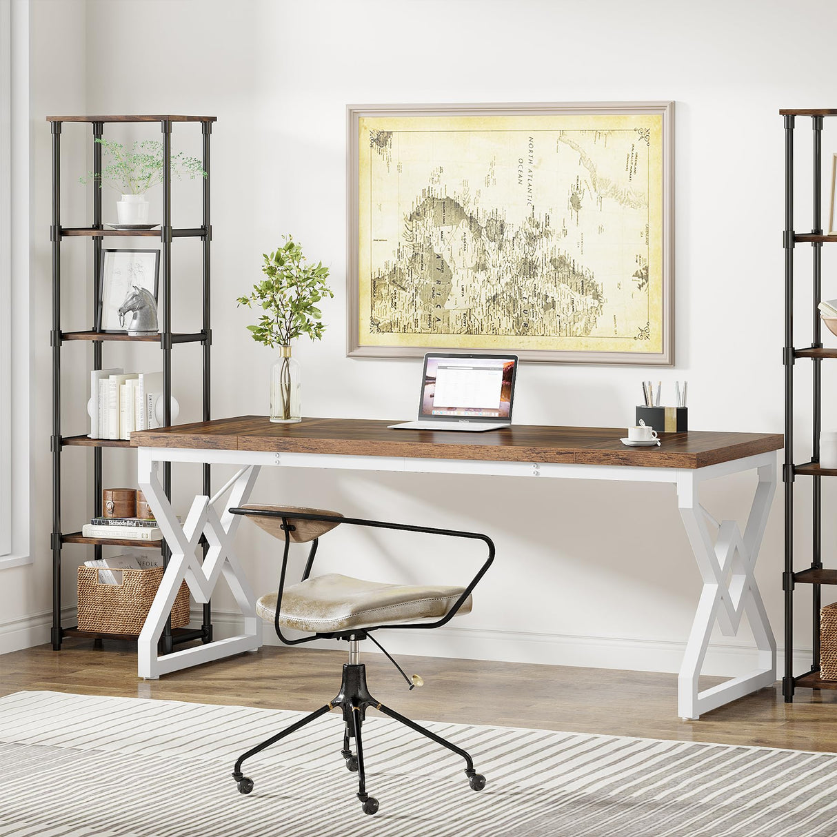 Tribesigns 63 Inch Executive Desk, Large Office Computer Desk with Extra Thick Wooden Tabletop and Metal Frame, Modern Simple Workstation Writing Table Study Desk for Home Office, Brown+White Tribesigns