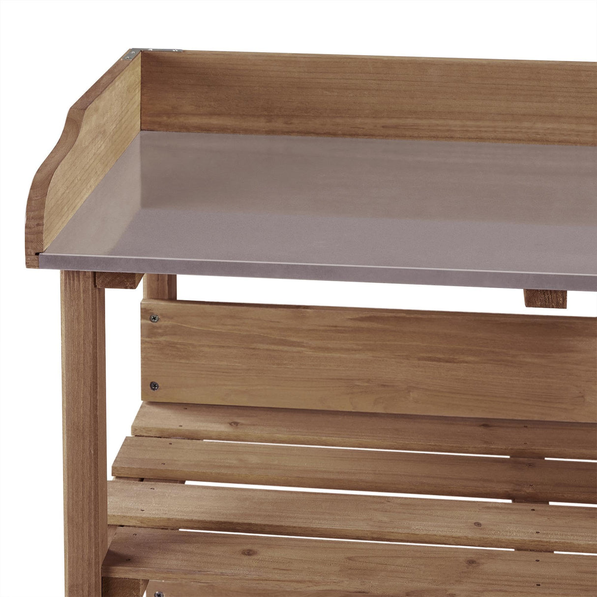 Topeakmart Potting Bench Table w/Metal Tabletop for Garden, Fir Wood Workstation w/3 Tier Shelves, Outdoor Work Bench w/Hook Brown Topeakmart