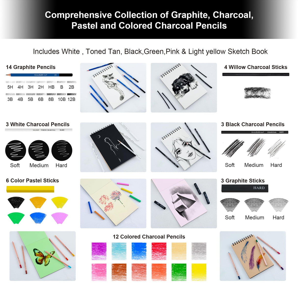 KALOUR 95-Piece Sketching and Drawing Art Set with 3-color Sketch Book and Pastel Paper – Graphite, Charcoal, and Pastel Pencils – Complete Artist Kit for Beginners and Professionals KALOUR